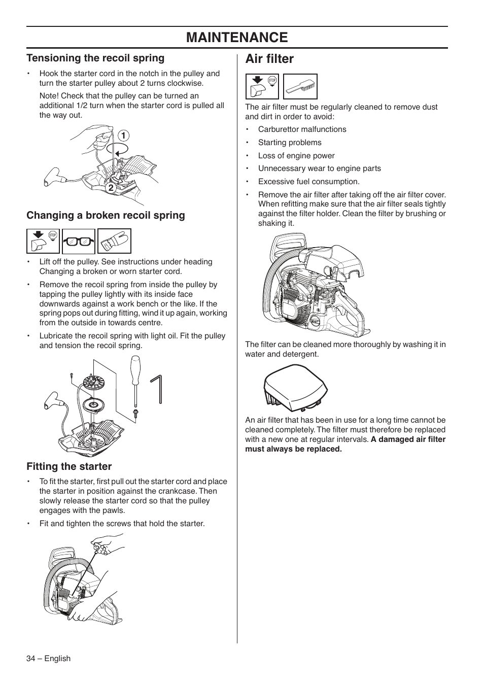 Maintenance, Air ﬁlter, Tensioning the recoil spring | Changing a broken recoil spring, Fitting the starter | RedMax G5300 User Manual | Page 34 / 128