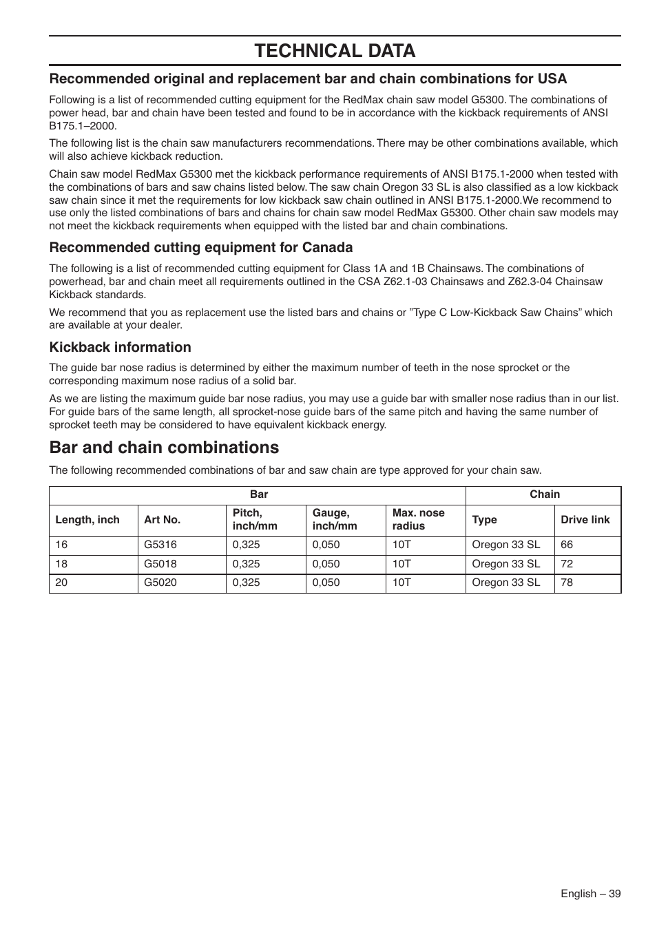 Technical data, Bar and chain combinations, Recommended cutting equipment for canada | Kickback information | RedMax G5300 User Manual | Page 39 / 128