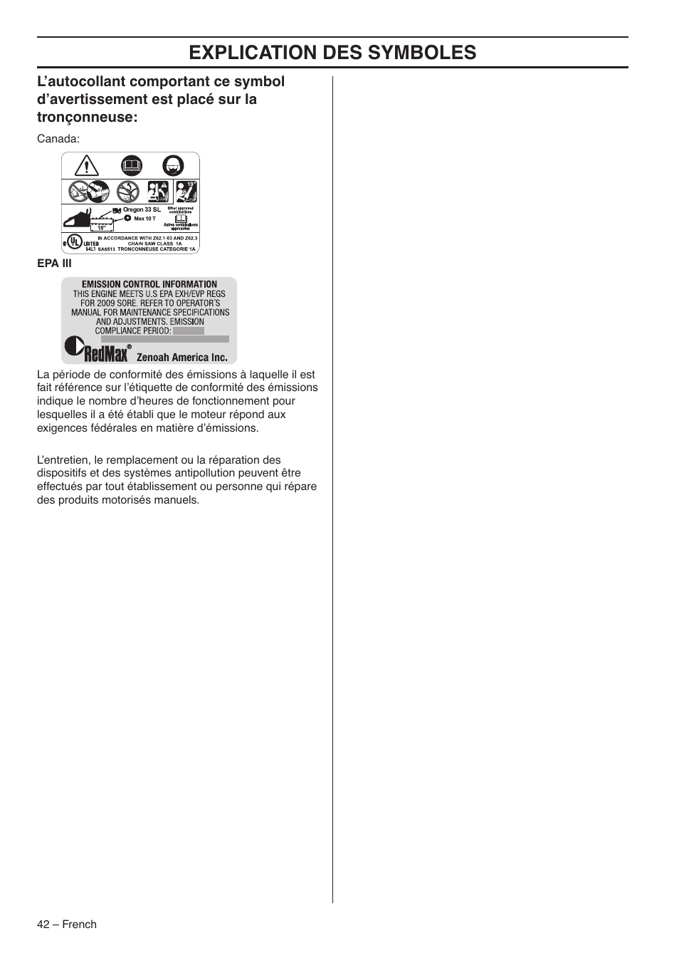 Explication des symboles | RedMax G5300 User Manual | Page 42 / 128