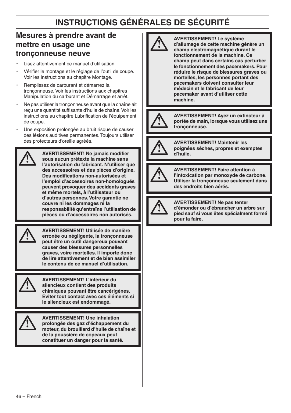 Instructions générales de sécurité | RedMax G5300 User Manual | Page 46 / 128