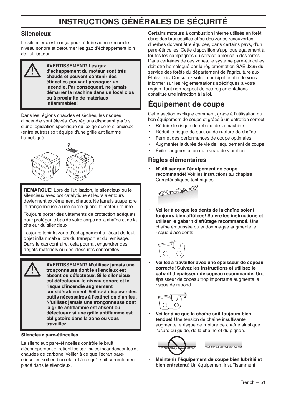 Instructions générales de sécurité, Équipement de coupe | RedMax G5300 User Manual | Page 51 / 128