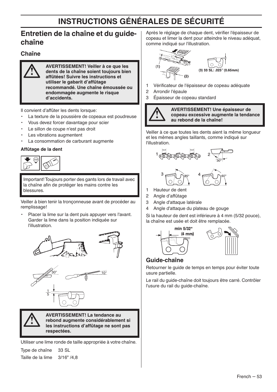 Instructions générales de sécurité, Entretien de la chaîne et du guide- chaîne, Chaîne | Guide-chaîne | RedMax G5300 User Manual | Page 53 / 128