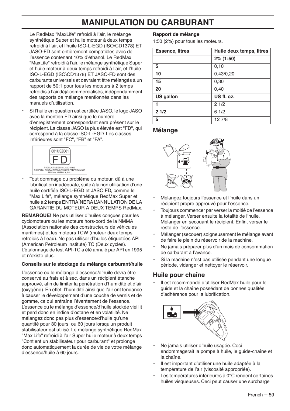 Manipulation du carburant, Mélange, Huile pour chaîne | RedMax G5300 User Manual | Page 59 / 128