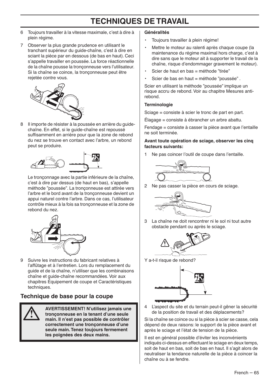 Techniques de travail, Technique de base pour la coupe | RedMax G5300 User Manual | Page 65 / 128