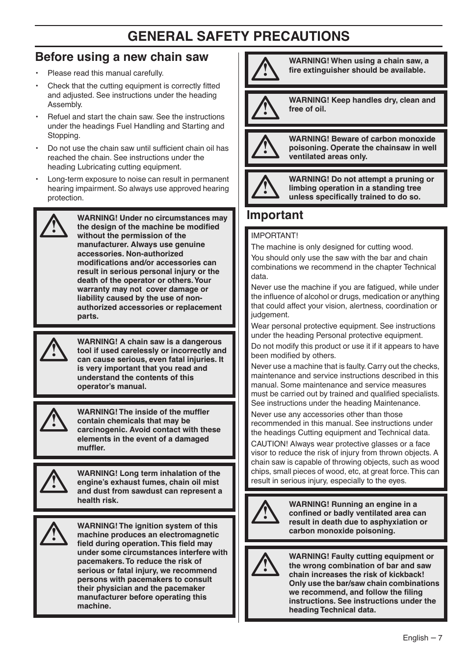 General safety preca utions, Bef ore using a new chain saw, Impor tant | RedMax G5300 User Manual | Page 7 / 128
