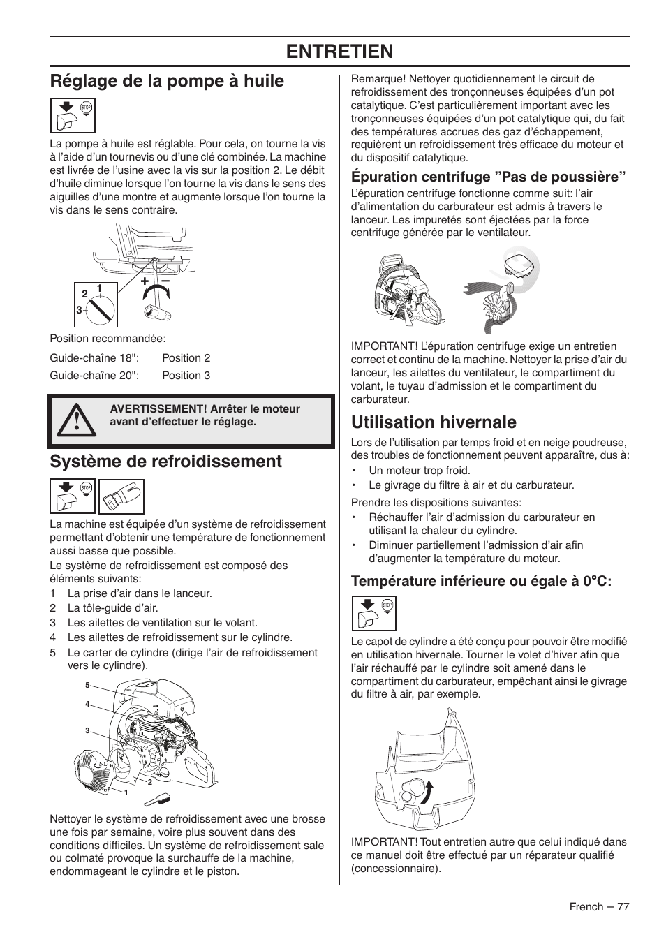 Entretien, Réglage de la pompe à huile, Système de refroidissement | Utilisation hivernale, Épuration centrifuge ”pas de poussière, Température inférieure ou égale à 0 °°°° c | RedMax G5300 User Manual | Page 77 / 128