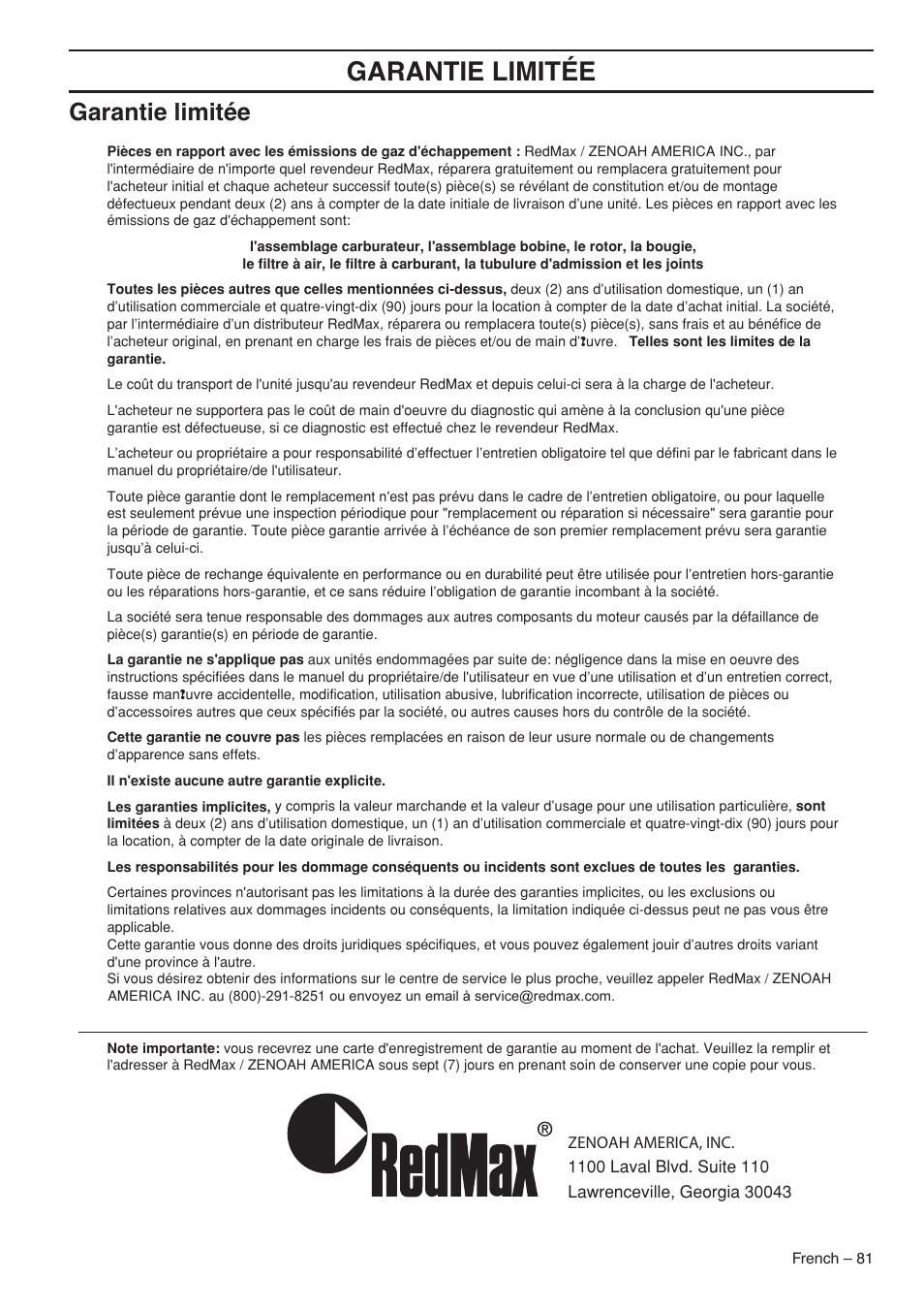 Garantie limitée | RedMax G5300 User Manual | Page 81 / 128