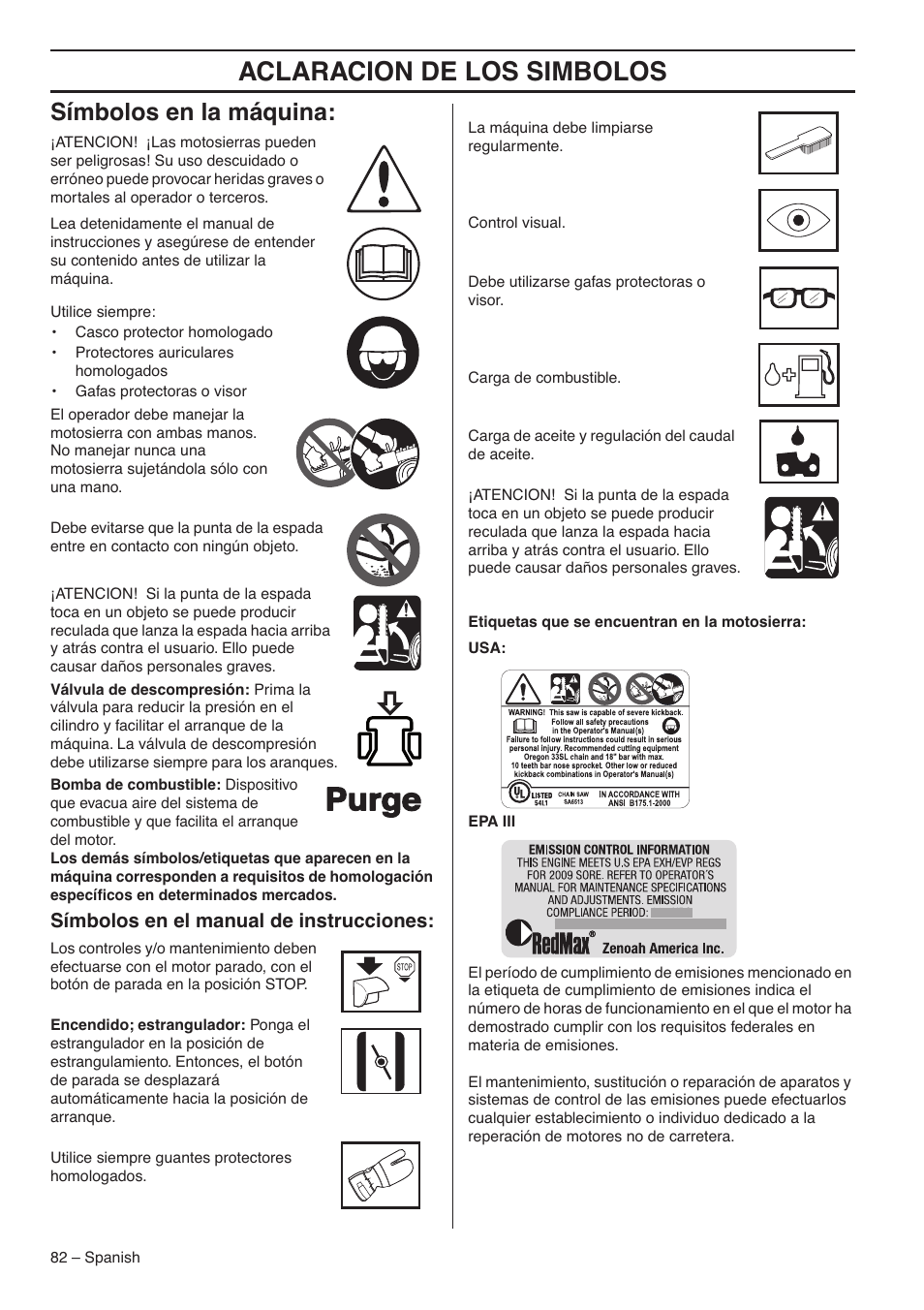 Aclaracion de los simbolos, Símbolos en la máquina, Símbolos en el manual de instrucciones | RedMax G5300 User Manual | Page 82 / 128