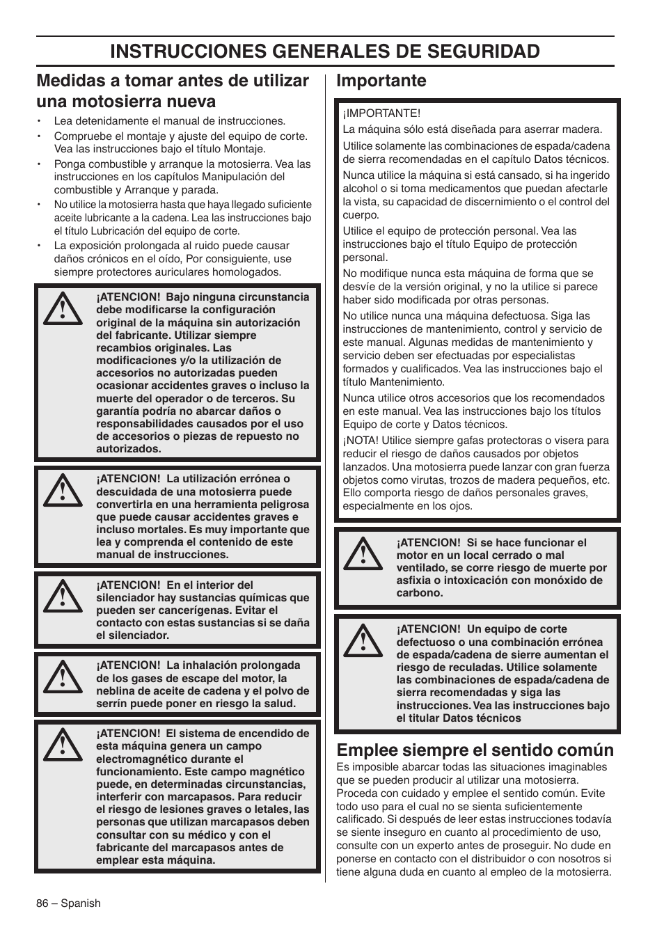 Instrucciones generales de seguridad, Importante emplee siempre el sentido común | RedMax G5300 User Manual | Page 86 / 128