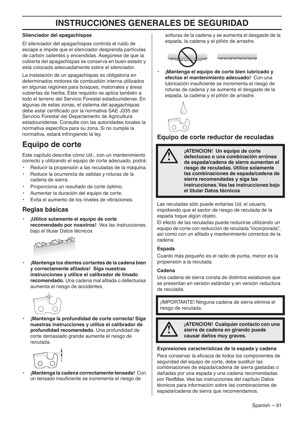 Instrucciones generales de seguridad, Equipo de corte | RedMax G5300 User Manual | Page 91 / 128
