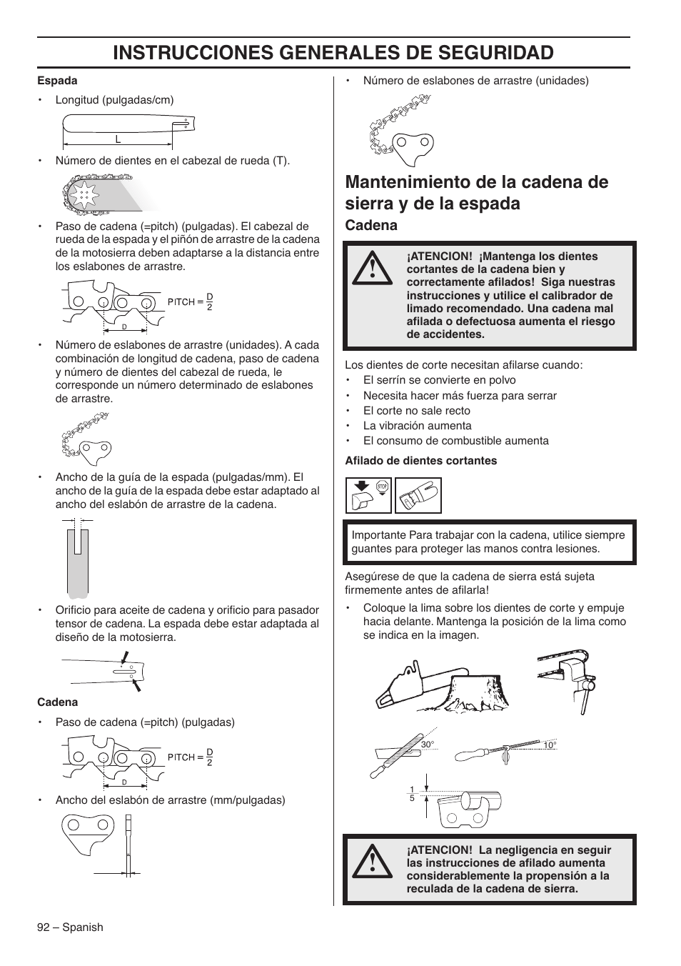 Instrucciones generales de seguridad, Cadena | RedMax G5300 User Manual | Page 92 / 128
