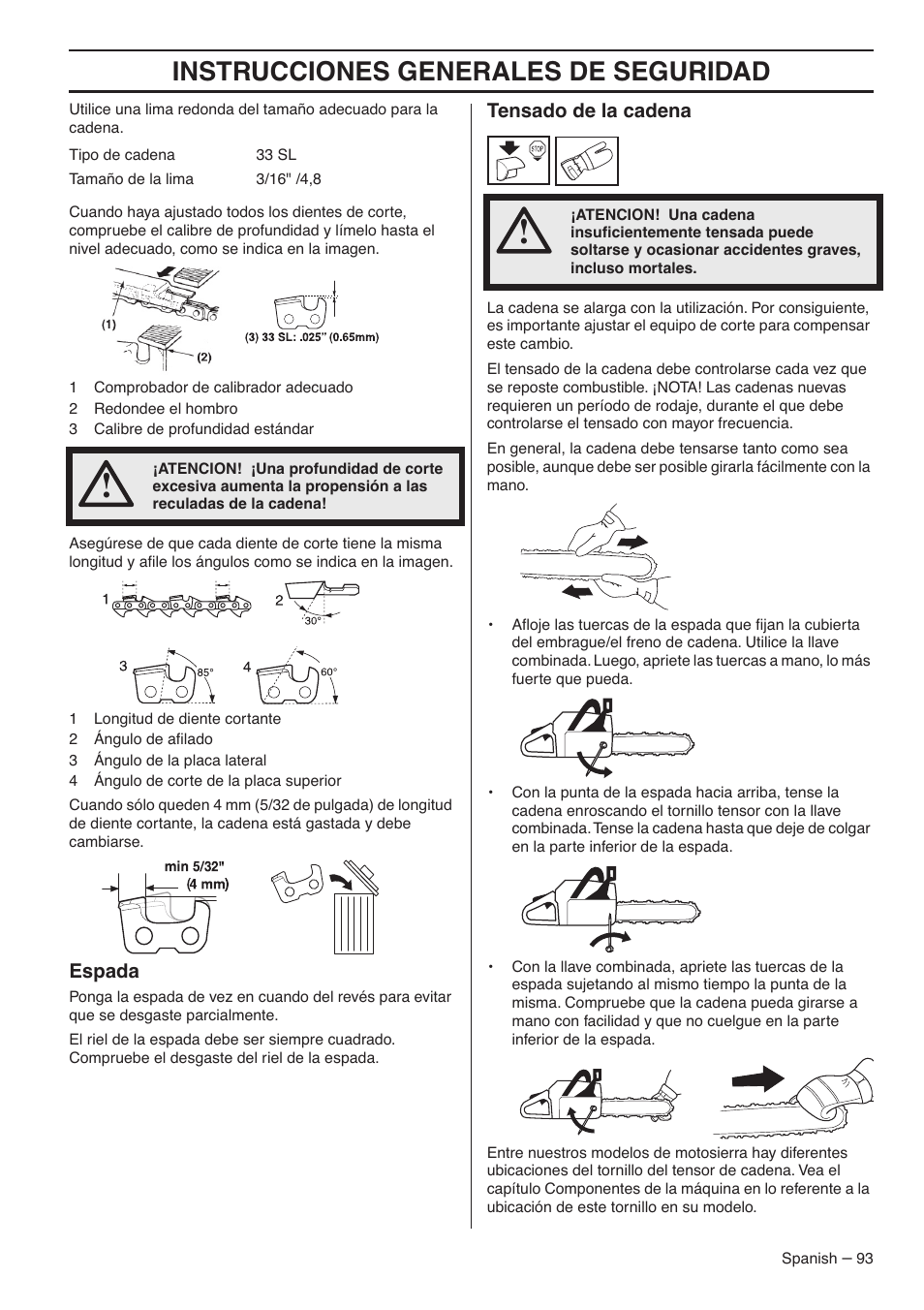 Instrucciones generales de seguridad, Espada, Tensado de la cadena | RedMax G5300 User Manual | Page 93 / 128