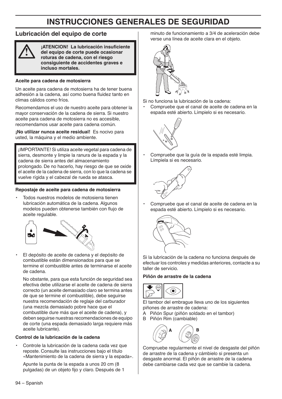 Instrucciones generales de seguridad, Lubricación del equipo de corte | RedMax G5300 User Manual | Page 94 / 128