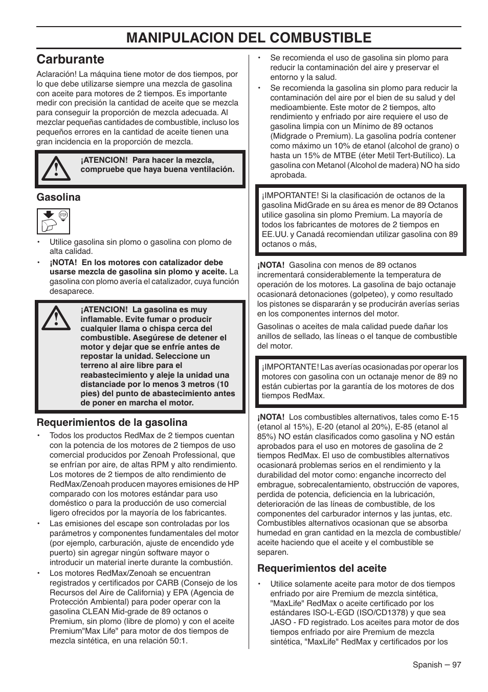 Manipulacion del combustible, Carburante | RedMax G5300 User Manual | Page 97 / 128