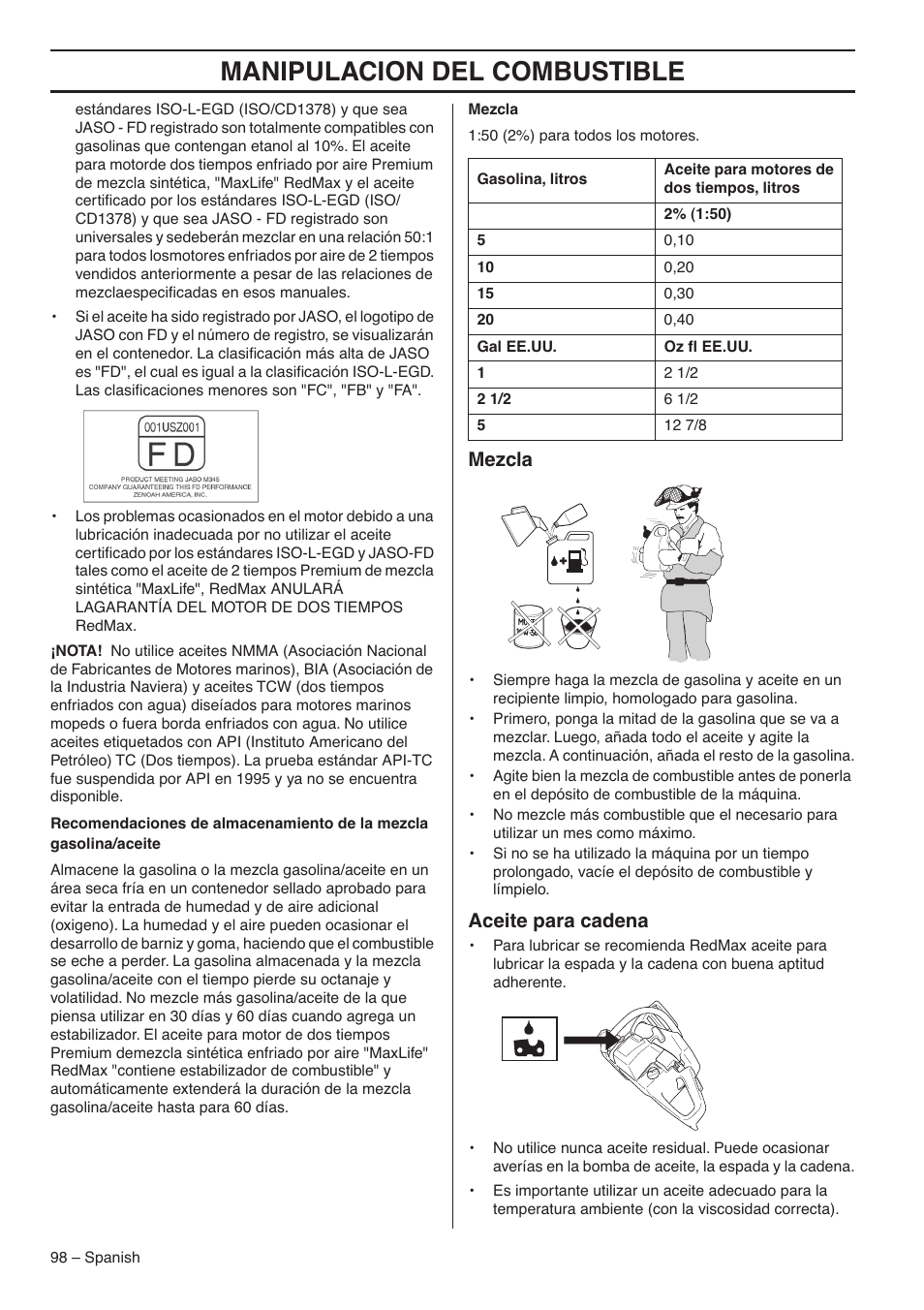 Manipulacion del combustible, Mezcla, Aceite para cadena | RedMax G5300 User Manual | Page 98 / 128