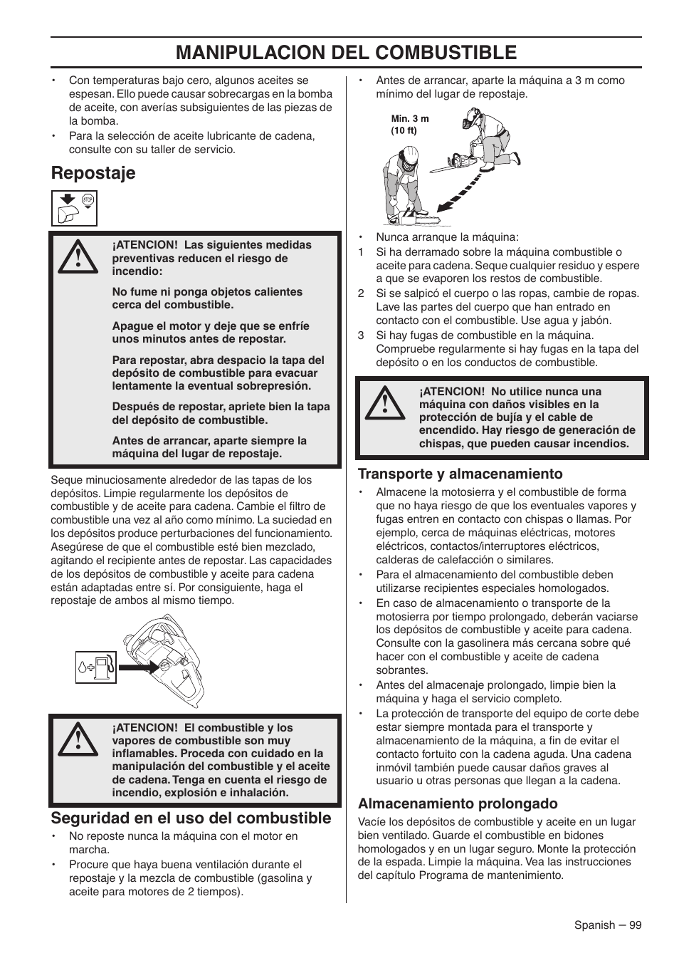 Manipulacion del combustible, Repostaje, Seguridad en el uso del combustible | RedMax G5300 User Manual | Page 99 / 128