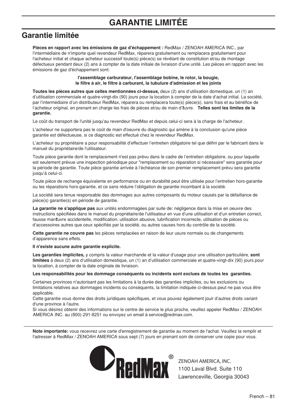 Garantie limitée | RedMax GZ7000 User Manual | Page 81 / 152