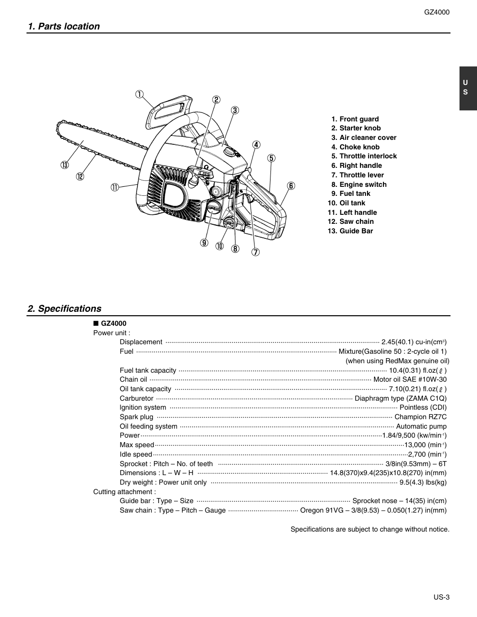 Parts location, Specifications | RedMax GZ4000 User Manual | Page 3 / 20