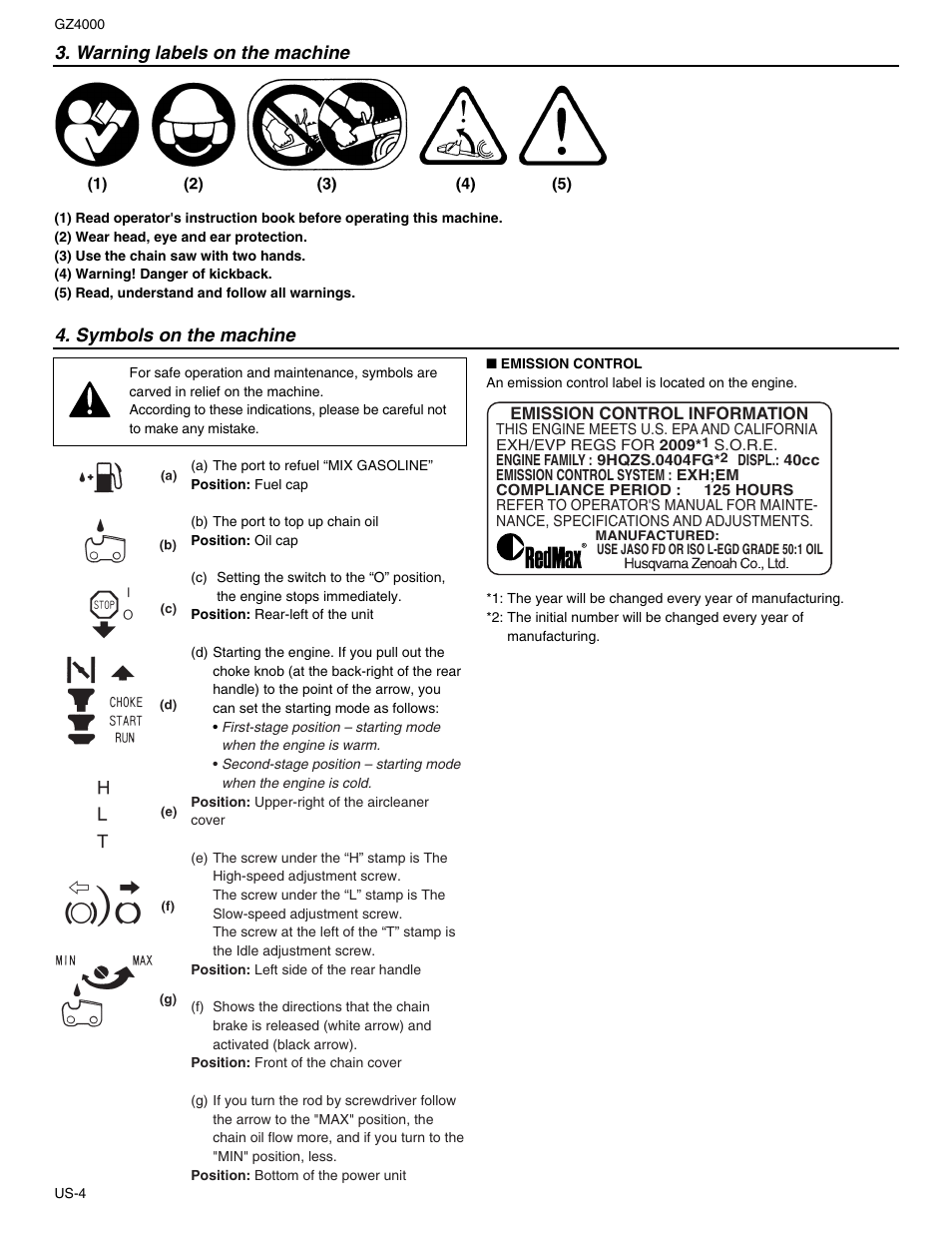 Warning labels on the machine, Symbols on the machine | RedMax GZ4000 User Manual | Page 4 / 20