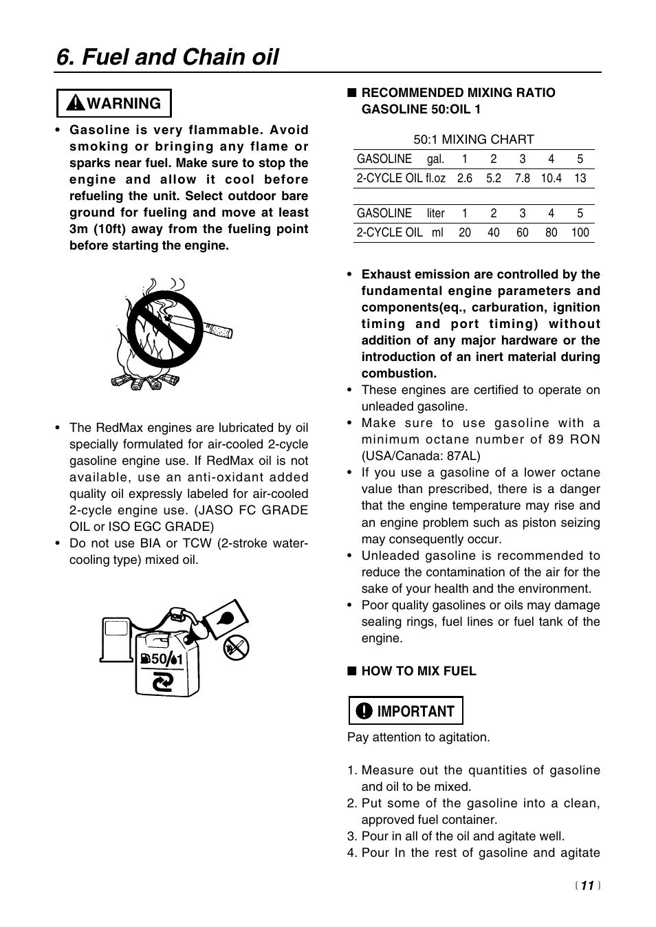 Fuel and chain oil, Important, Warning | RedMax G3200 User Manual | Page 11 / 40