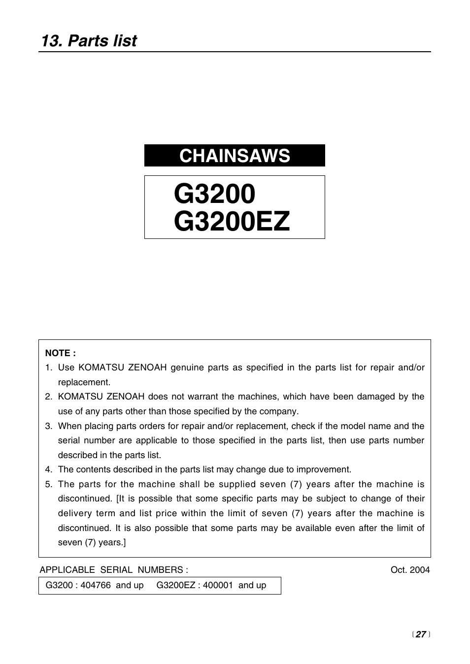 Chainsaws, Parts list | RedMax G3200 User Manual | Page 27 / 40