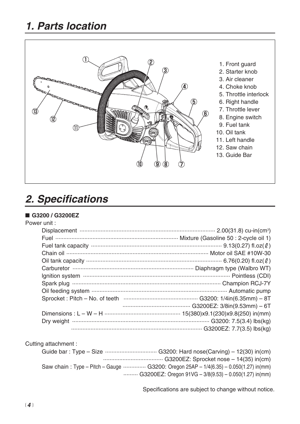 Specifications, Parts location | RedMax G3200 User Manual | Page 4 / 40