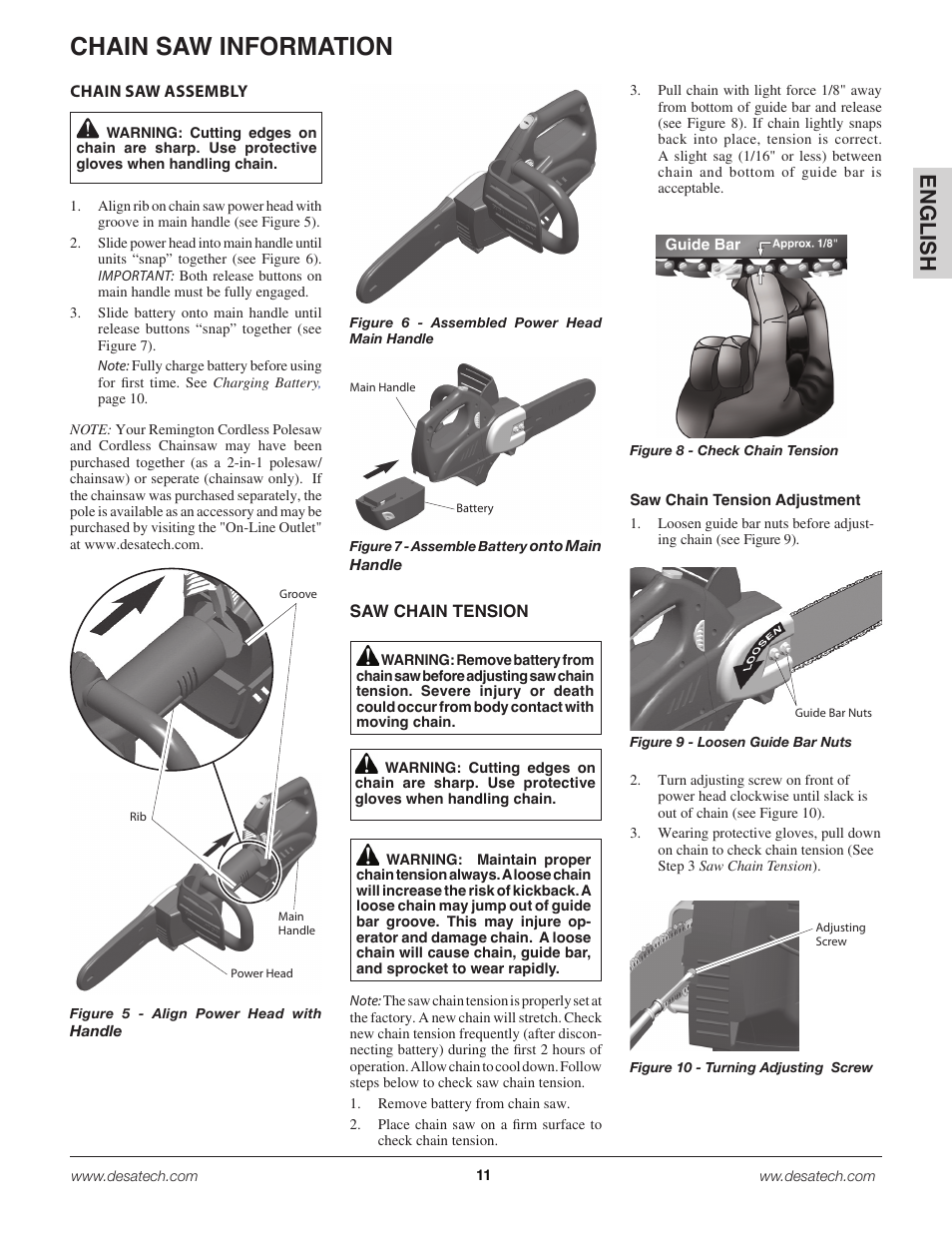 Chain saw information, En g lis h | Remington Power Tools 18 Volt Cordless BS188A User Manual | Page 11 / 46