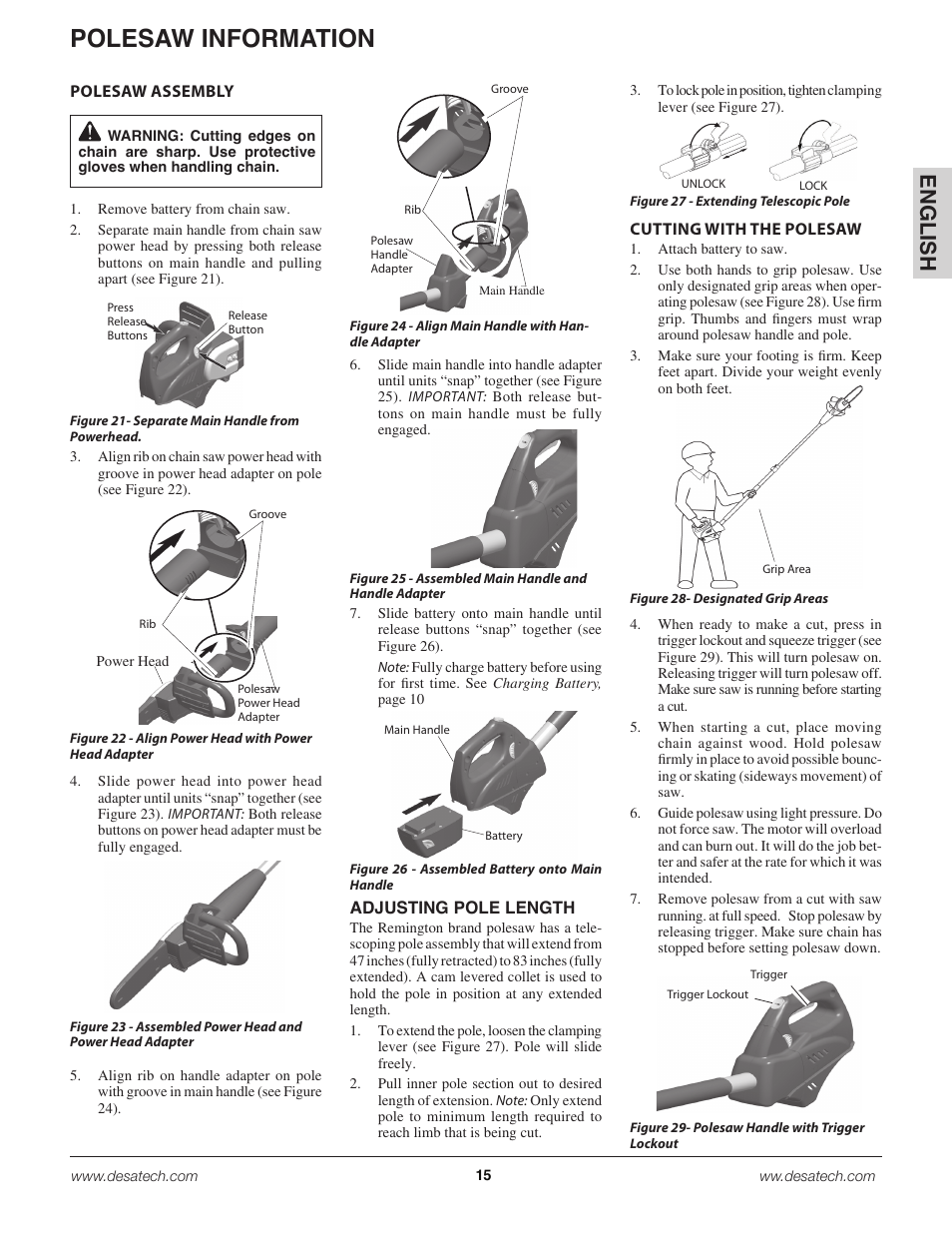 Polesaw information, En g lis h | Remington Power Tools 18 Volt Cordless BS188A User Manual | Page 15 / 46