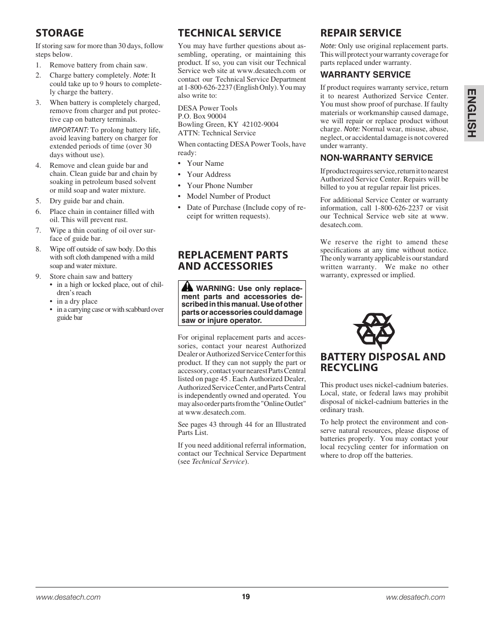 En g lis h, Storage battery disposal and recycling | Remington Power Tools 18 Volt Cordless BS188A User Manual | Page 19 / 46