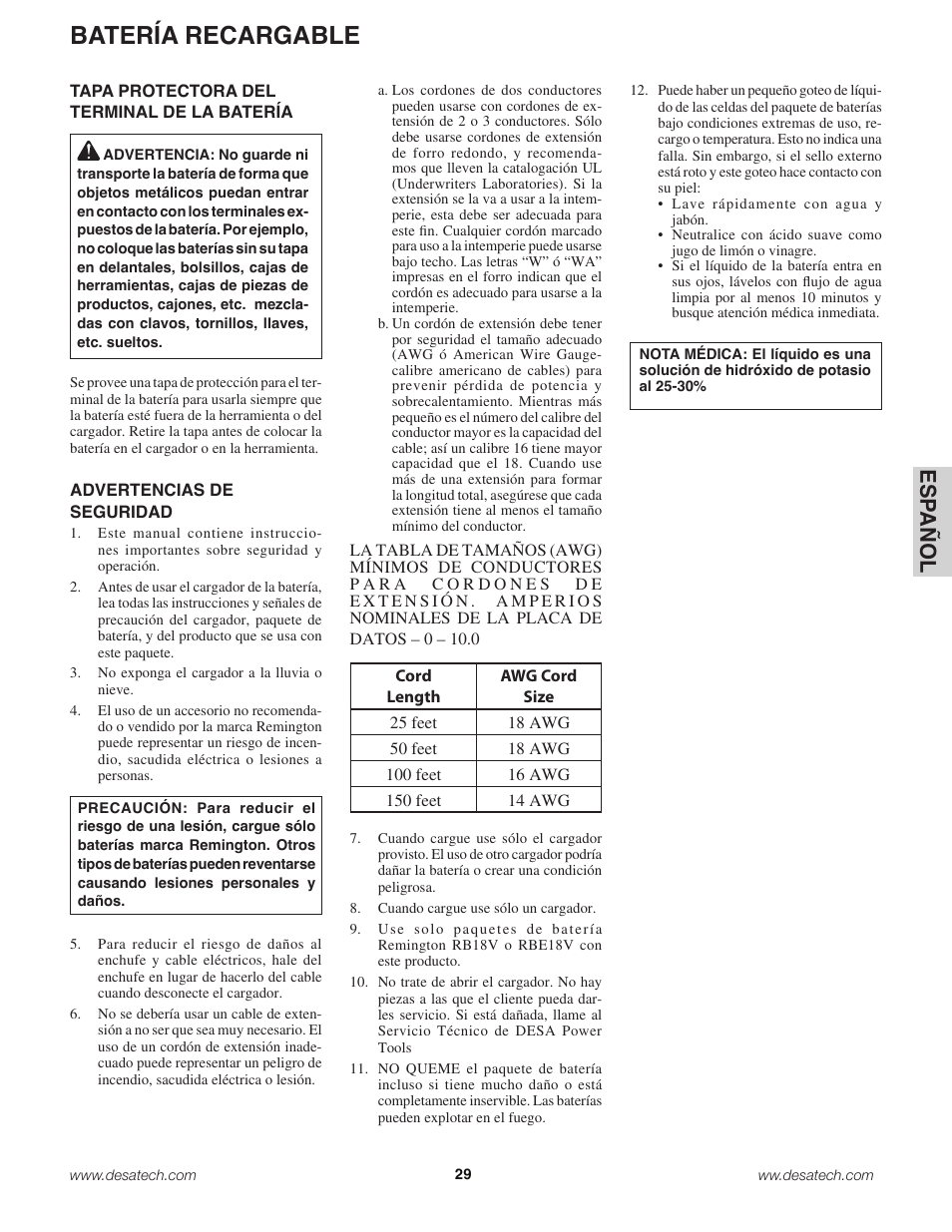 Batería recargable, Es pa ño l | Remington Power Tools 18 Volt Cordless BS188A User Manual | Page 29 / 46