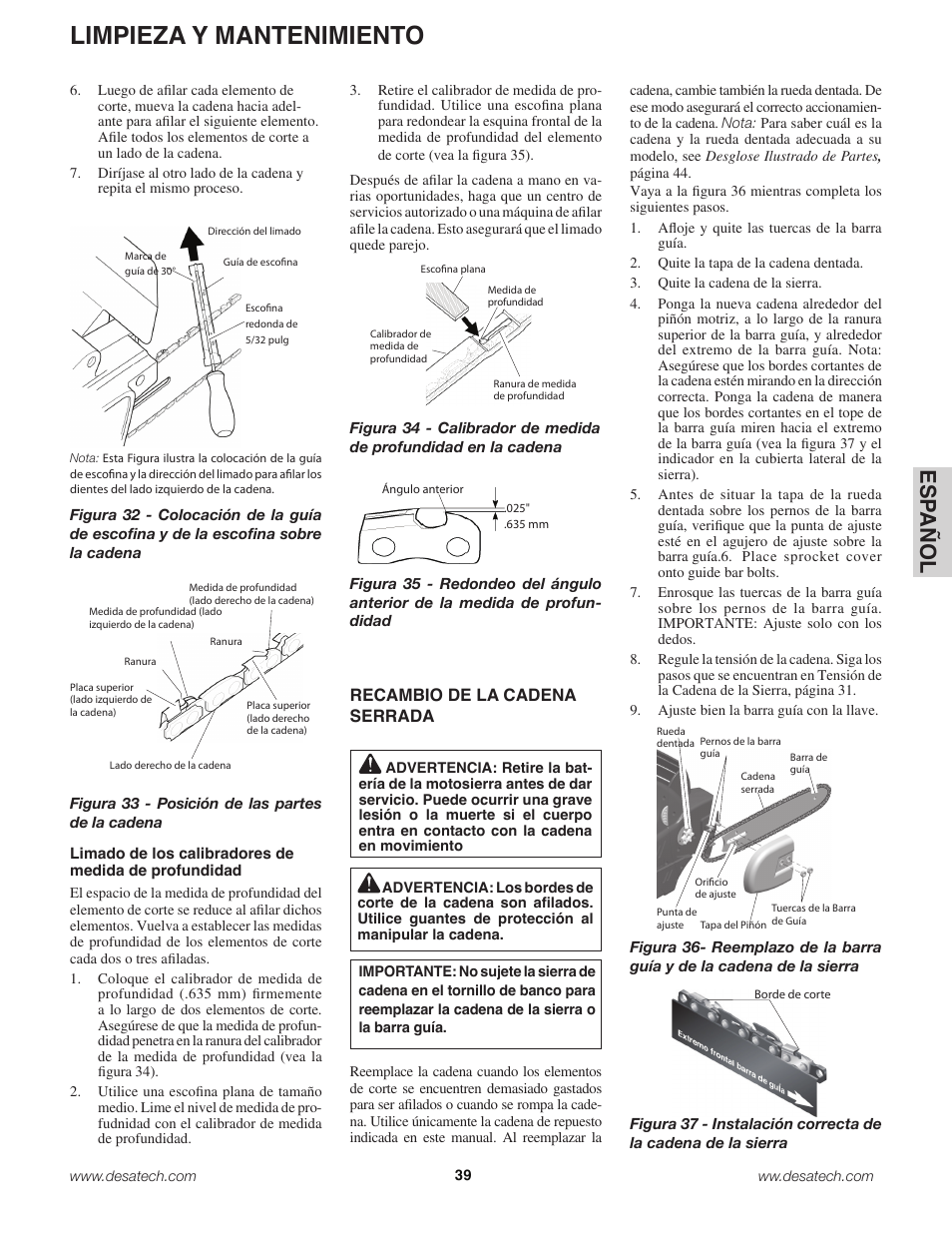Limpieza y mantenimiento, Es pa ño l, Recambio de la cadena serrada | Remington Power Tools 18 Volt Cordless BS188A User Manual | Page 39 / 46