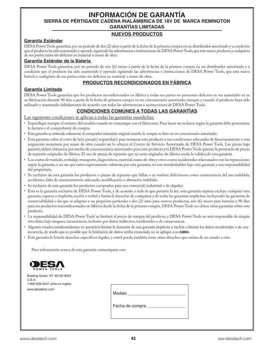 Información de garantía | Remington Power Tools 18 Volt Cordless BS188A User Manual | Page 42 / 46