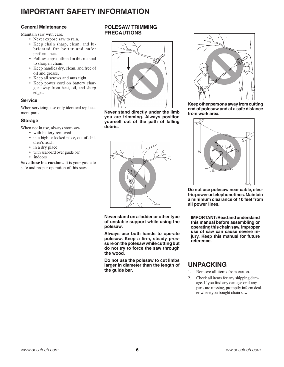 Important safety information, Unpacking | Remington Power Tools 18 Volt Cordless BS188A User Manual | Page 6 / 46