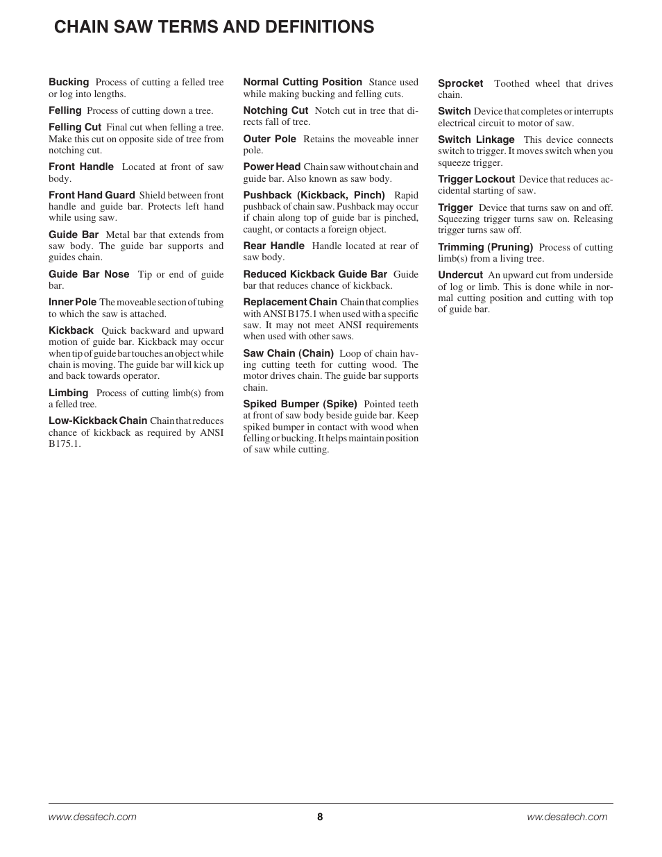 Chain saw terms and definitions | Remington Power Tools 18 Volt Cordless BS188A User Manual | Page 8 / 46