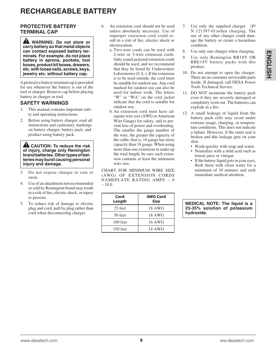 Rechargeable battery, En g lis h | Remington Power Tools 18 Volt Cordless BS188A User Manual | Page 9 / 46