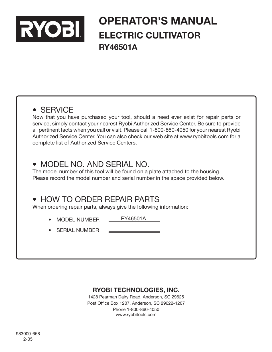 Operator’s manual, Electric cultivator, Service | Model no. and serial no, How to order repair parts | Ryobi RY46501A User Manual | Page 16 / 16