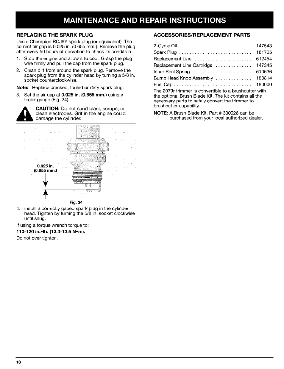 Replacing the spark plug, Accessories/replacement parts, F. replacing the spark plug | G. accessories/replacement parts, Maintenance and repair instructions | Ryobi Trimmer User Manual | Page 18 / 24