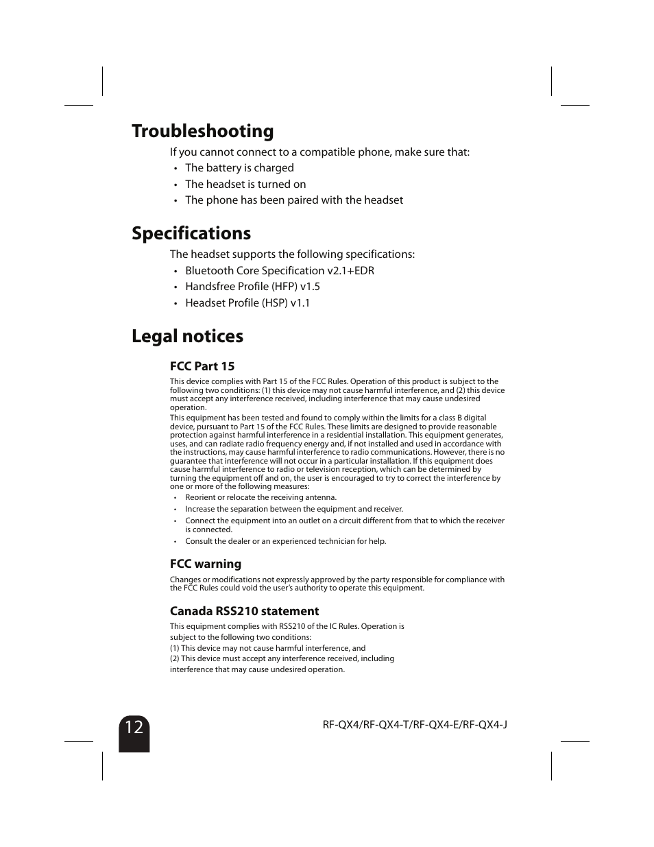 Troubleshooting, Specifications, Legal notices | RocketFish RF-QX4 User Manual | Page 12 / 15