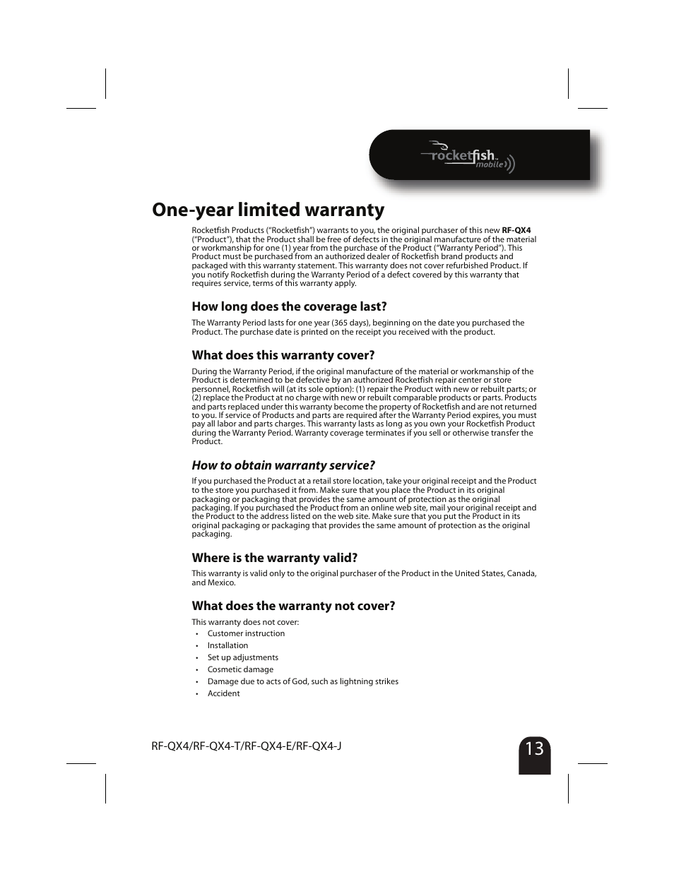 One-year limited warranty | RocketFish RF-QX4 User Manual | Page 13 / 15