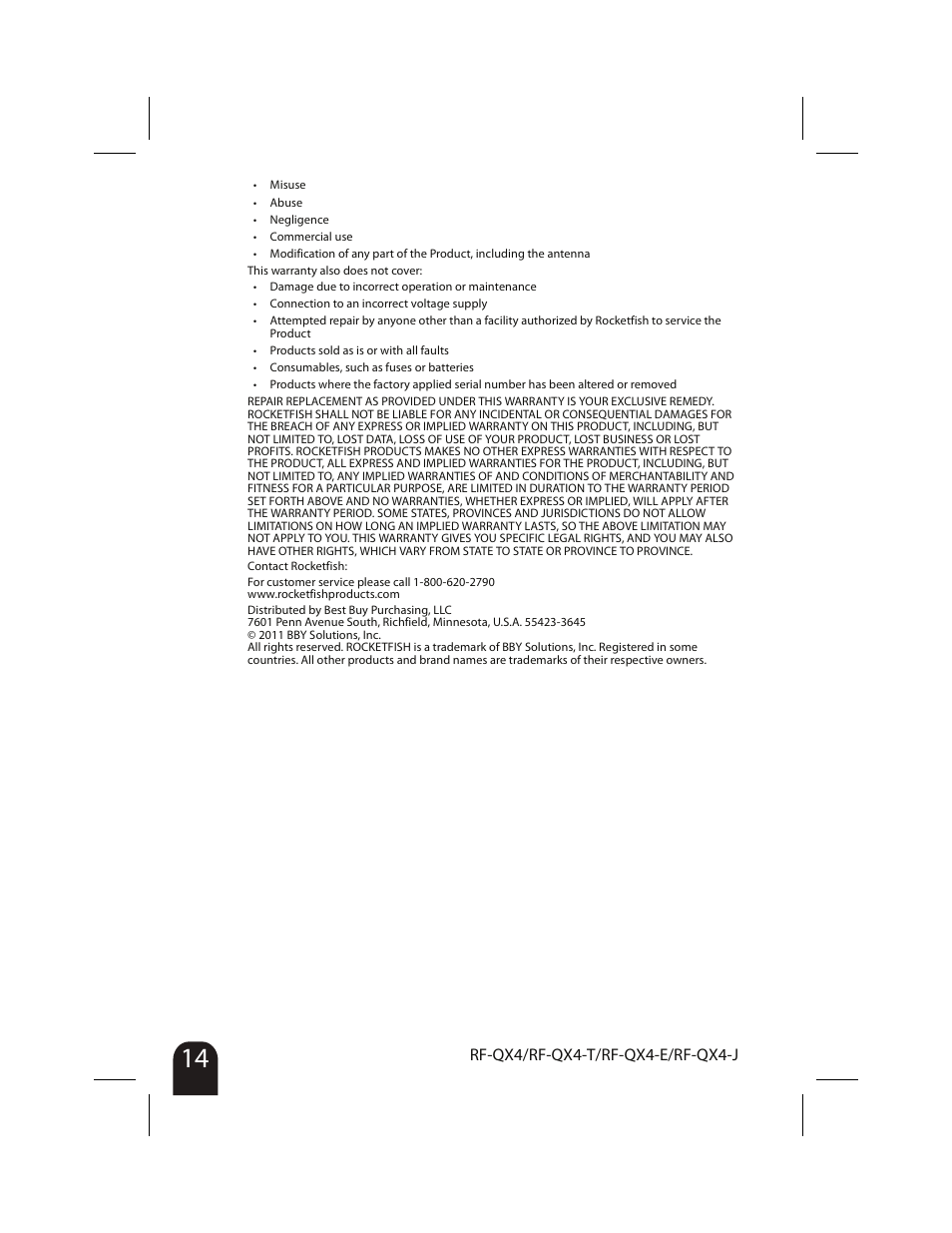 Rf-qx4/rf-qx4-t/rf-qx4-e/rf-qx4-j | RocketFish RF-QX4 User Manual | Page 14 / 15