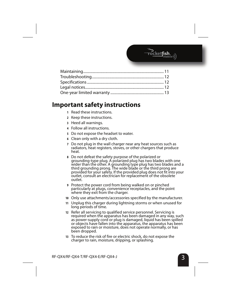 Important safety instructions | RocketFish RF-QX4 User Manual | Page 3 / 15