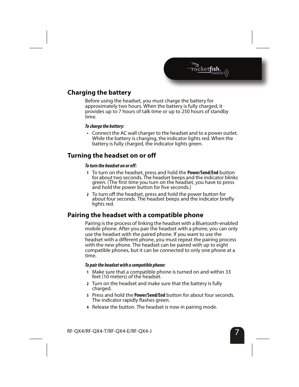 Charging the battery turning the headset on or off, Charging the battery, Turning the headset on or off | Pairing the headset with a compatible phone | RocketFish RF-QX4 User Manual | Page 7 / 15