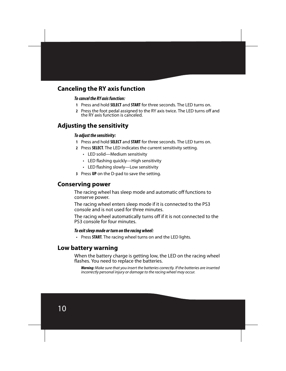 Canceling the ry axis function, Adjusting the sensitivity, Conserving power | Low battery warning | RocketFish RF-GPS3009 User Manual | Page 10 / 16