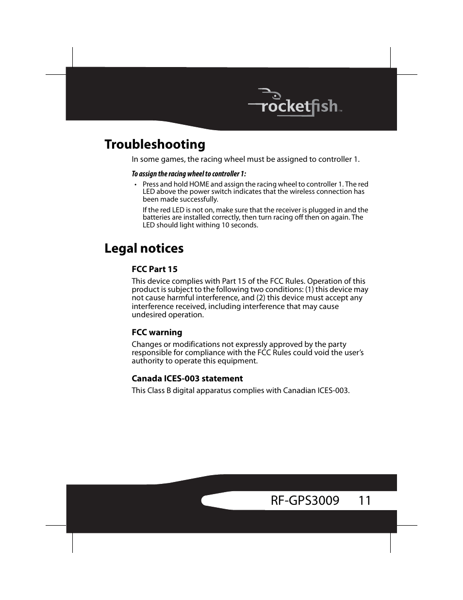 Troubleshooting, Legal notices, Troubleshooting legal notices | RocketFish RF-GPS3009 User Manual | Page 11 / 16