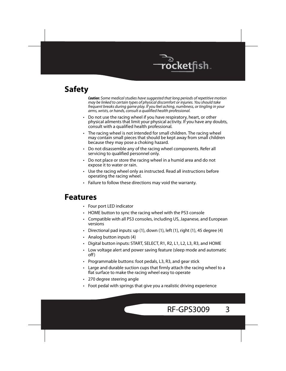 Safety, Features, Safety features | RocketFish RF-GPS3009 User Manual | Page 3 / 16