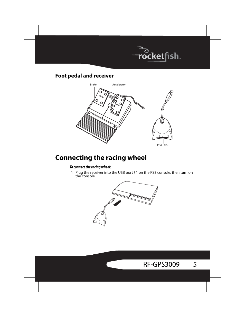 Foot pedal and receiver, Connecting the racing wheel | RocketFish RF-GPS3009 User Manual | Page 5 / 16