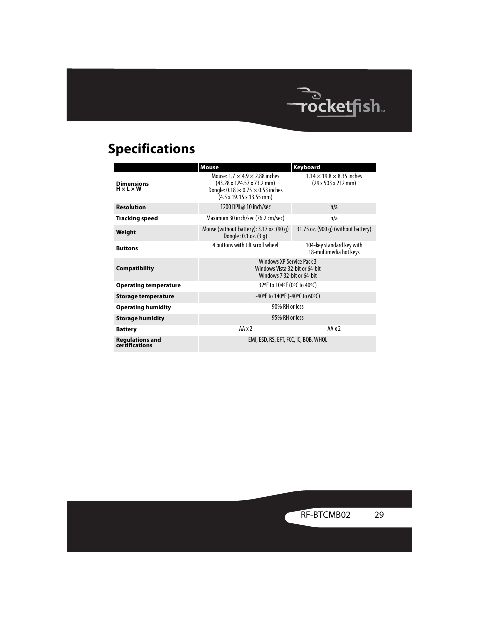 Specifications, 29 rf-btcmb02 | RocketFish RF-BTCMB02 User Manual | Page 29 / 35