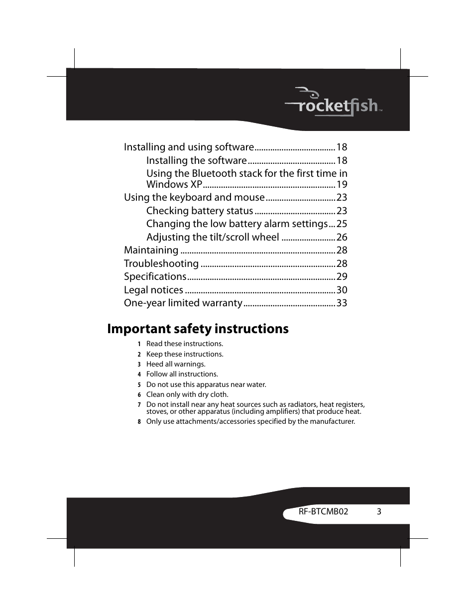 Important safety instructions | RocketFish RF-BTCMB02 User Manual | Page 3 / 35