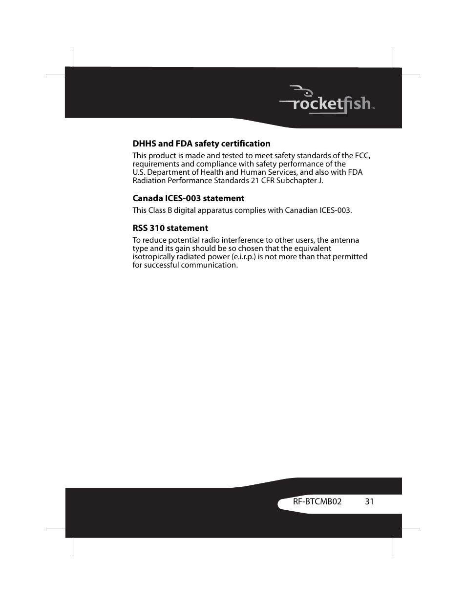 Dhhs and fda safety certification, Canada ices-003 statement, Rss 310 statement | RocketFish RF-BTCMB02 User Manual | Page 31 / 35