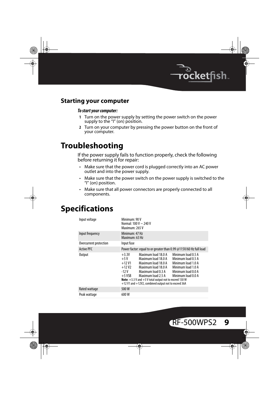 Starting your computer, Troubleshooting, Specifications | Troubleshooting specifications | RocketFish RF-500WPS2 User Manual | Page 8 / 18